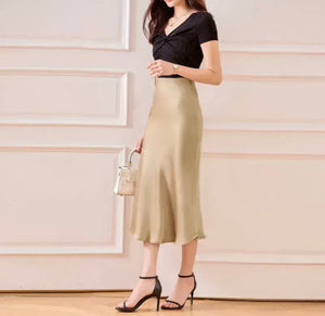 Champagne / Black Satin Midi Skirt