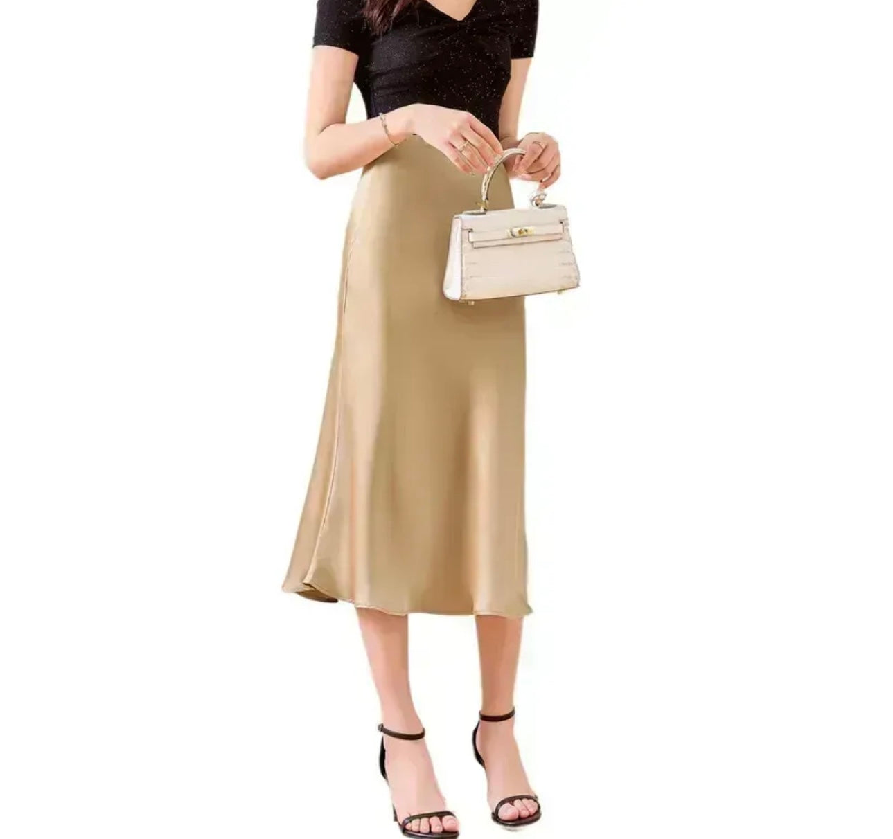 Champagne / Black Satin Midi Skirt