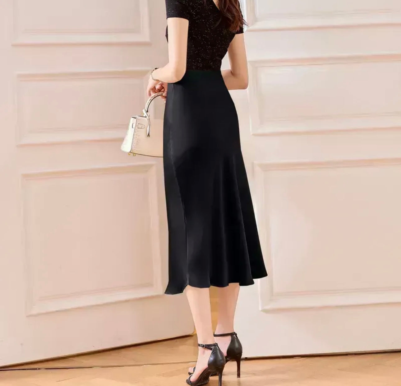 Champagne / Black Satin Midi Skirt