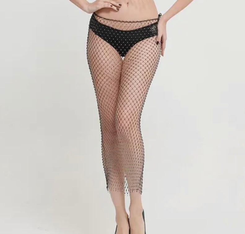 Black Rhinestones Fishnet Midi Skirt