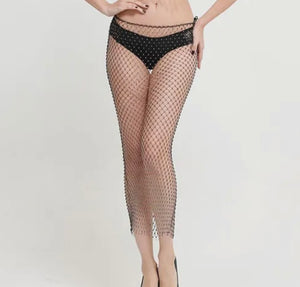 Black Rhinestones Fishnet Midi Skirt