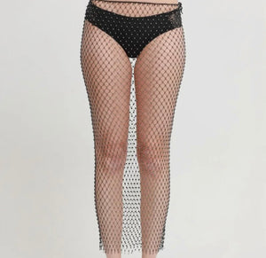 Black Rhinestones Fishnet Midi Skirt