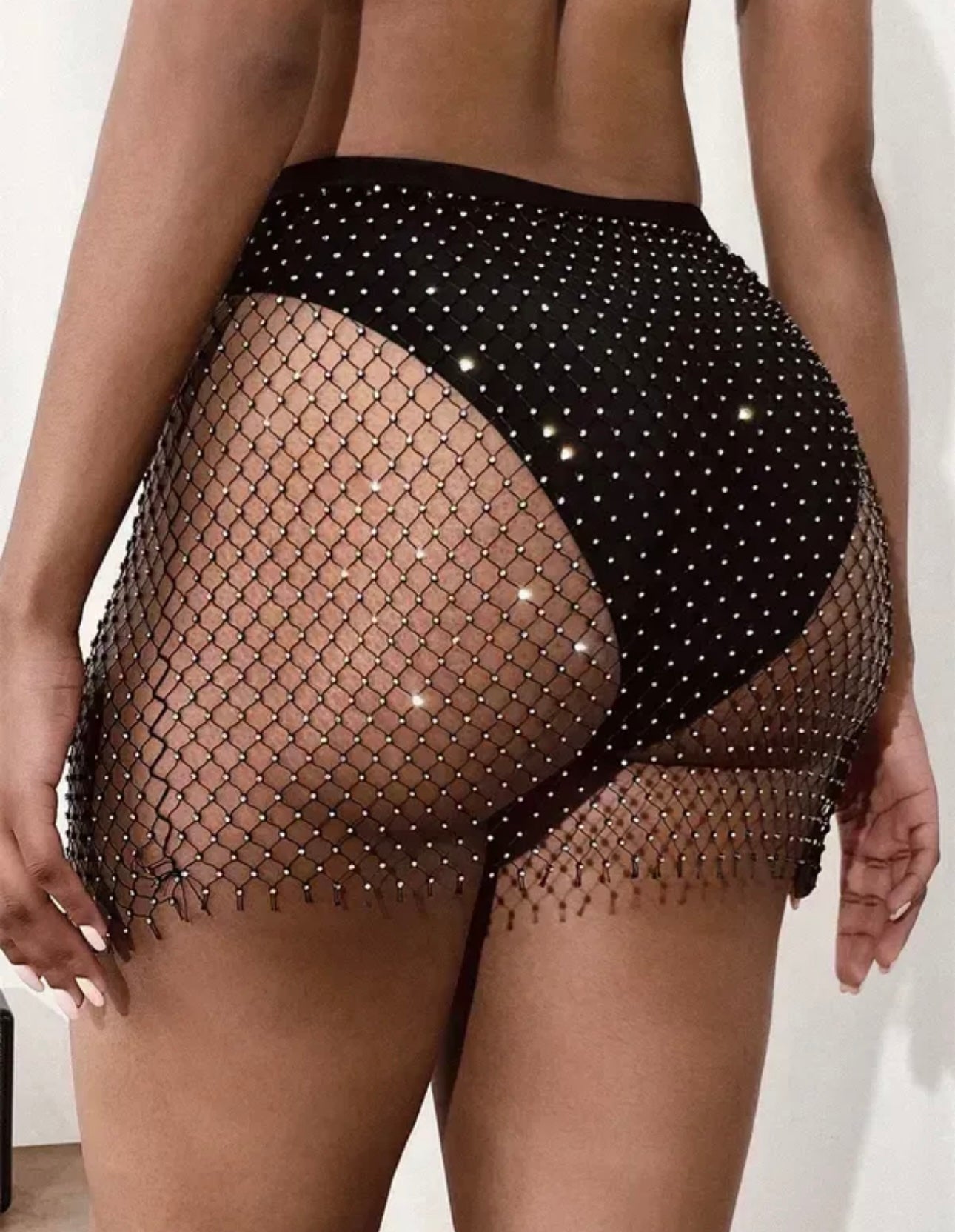 Black Rhinestones Fishnet Short Skirt