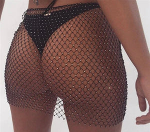 Black Rhinestones Fishnet Adjustable Skirt