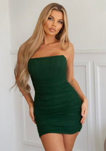 Hunter Green Corset Strapless Mesh Dress