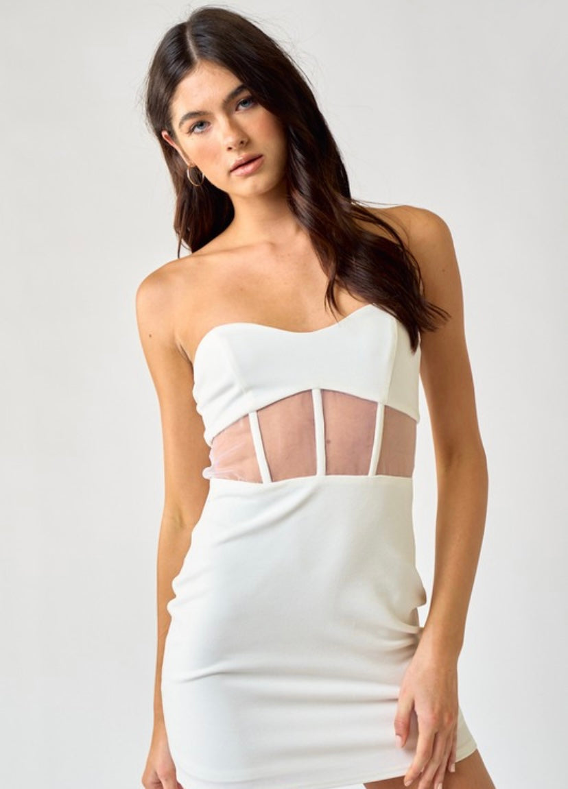 White Strapless Sheer Corset Dress