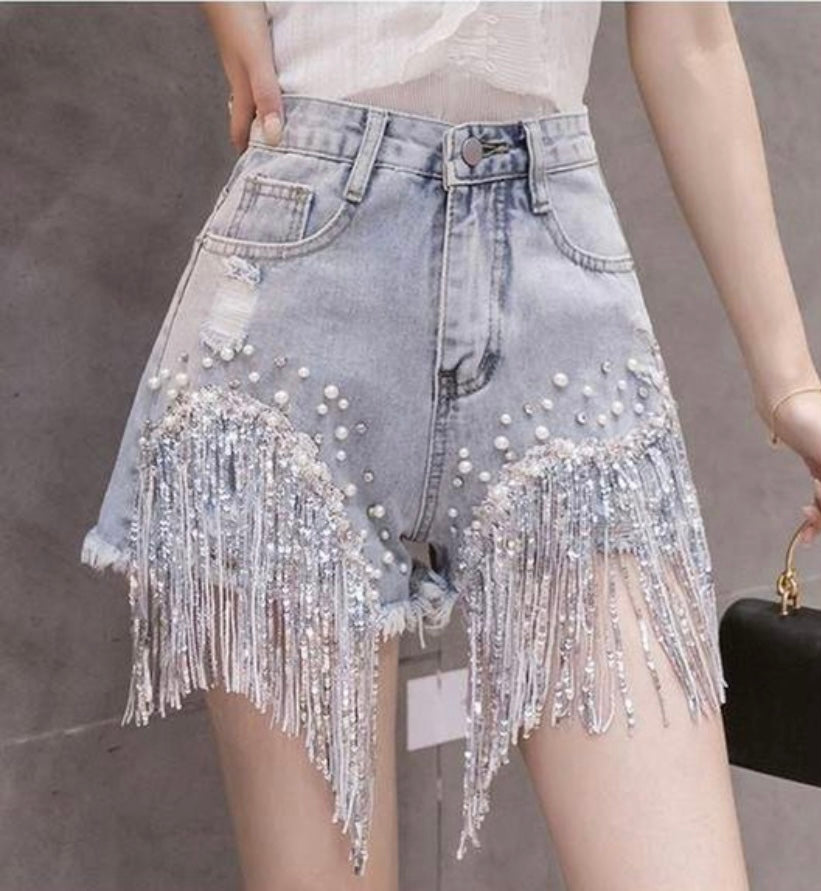 Sequins and Pearls Denim Shorts