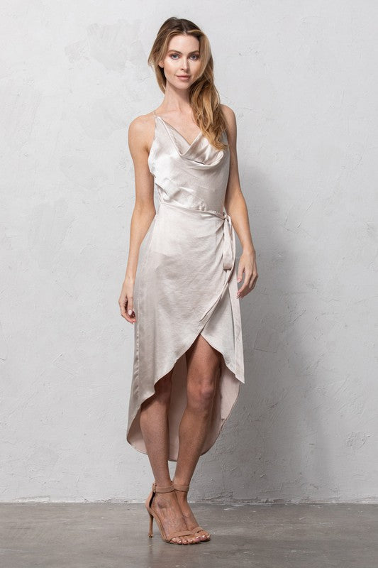 Champagne Satin Cowl Neck Dress