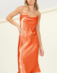 Red Orange Satin Midi Dress