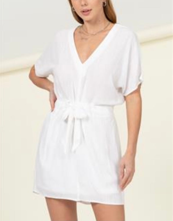 White Linen Mid Sleeve Dress