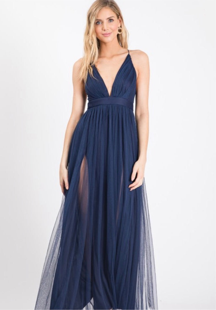 Navy Blue Long Formal Tulle Dress