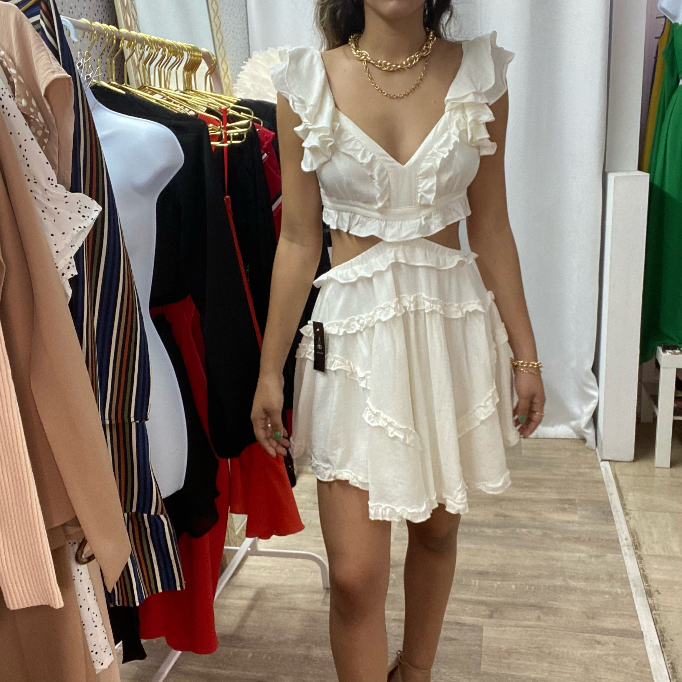 Cut Out Ruffles White Dress