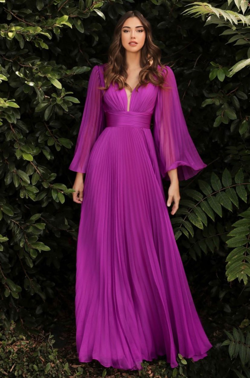 Magenta Pleated Long Sleeve Dress