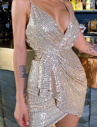 Champagne V Neck Sequined Short Dress