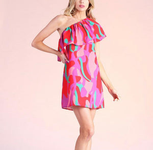 Pink Colorful One Shoulder Dress