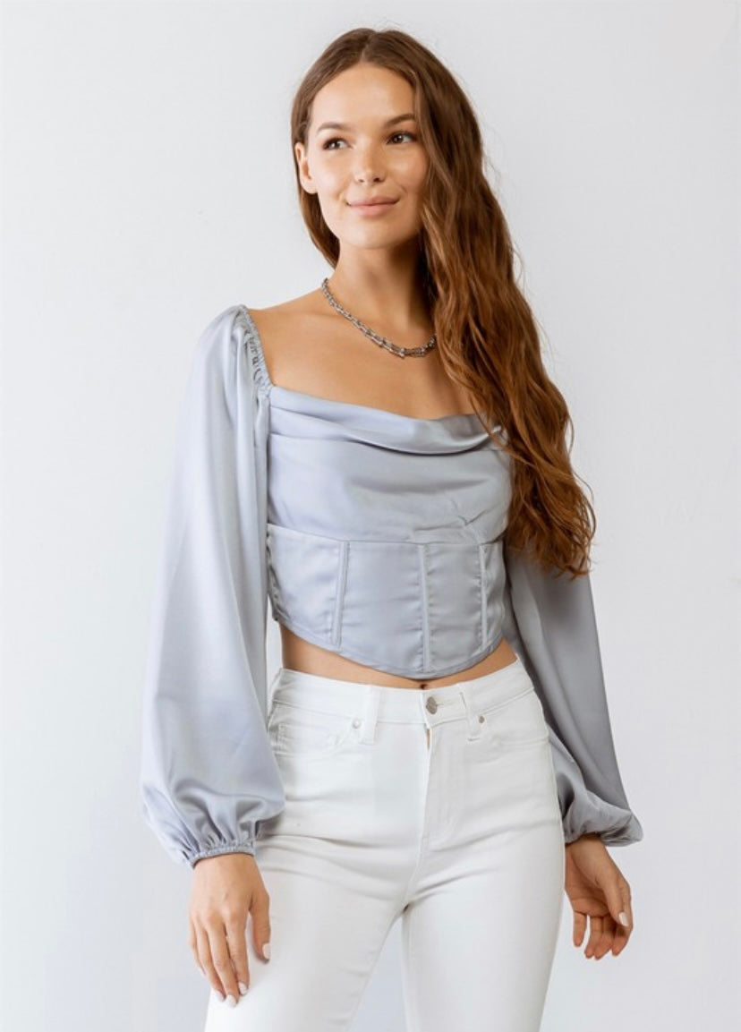 Grey Satin Corset Long Sleeve Top