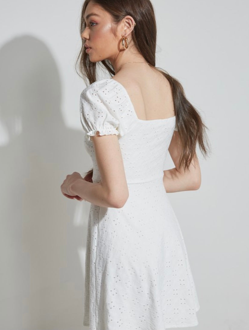 White Eyelet Puff Sleeve Dress