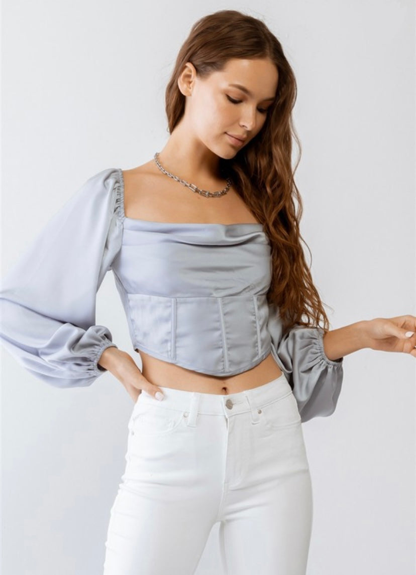 Grey Satin Corset Long Sleeve Top