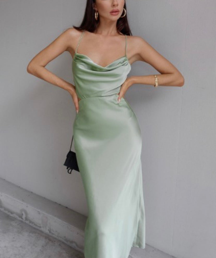 Full length heavy satin gown with dramatic though discreet side split and  pockets - om-duchess