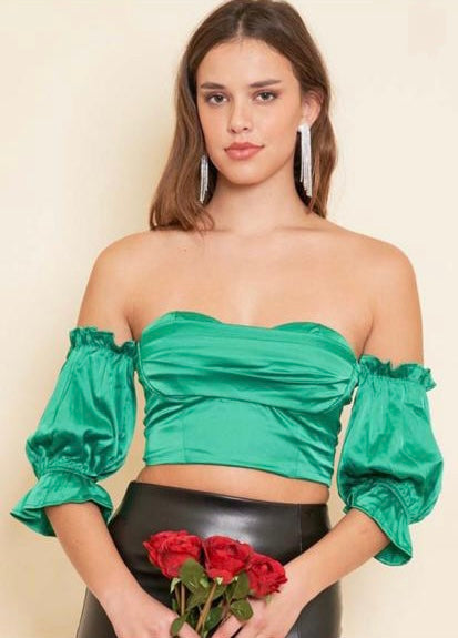 Green Off The Shoulder Satin  Top