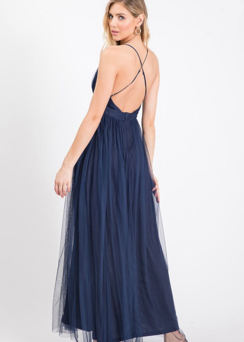 Navy Blue Long Formal Tulle Dress