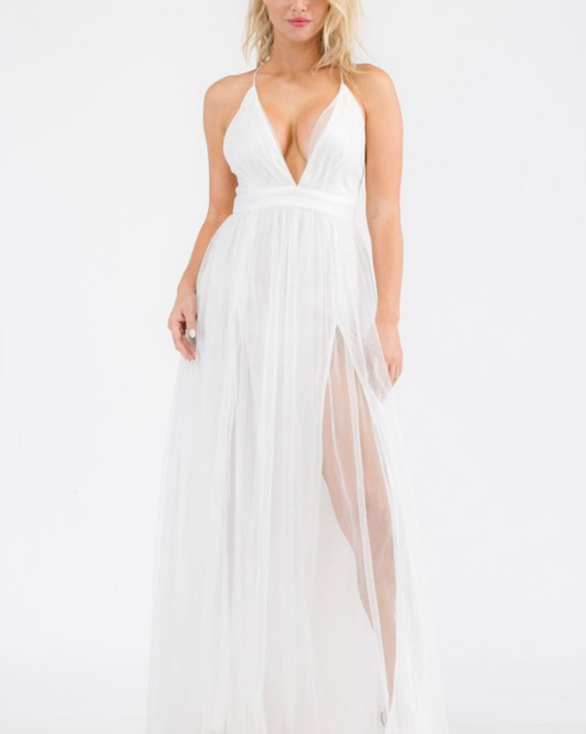 White Long Formal Tulle Dress