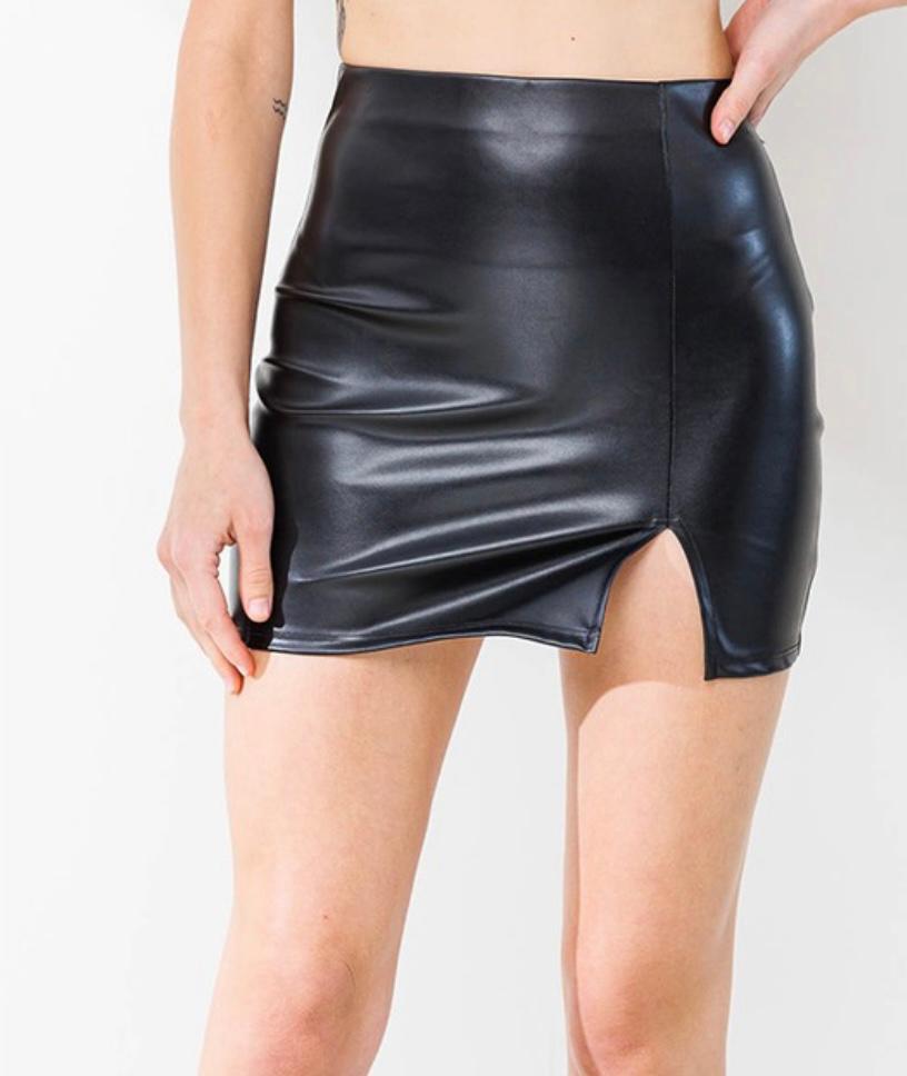 Black Faux Leather Slit Mini Skirt