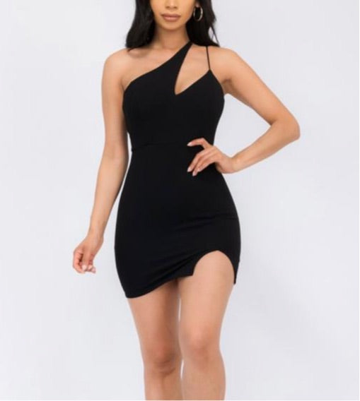 Black One Shoulder Slit Bodycon