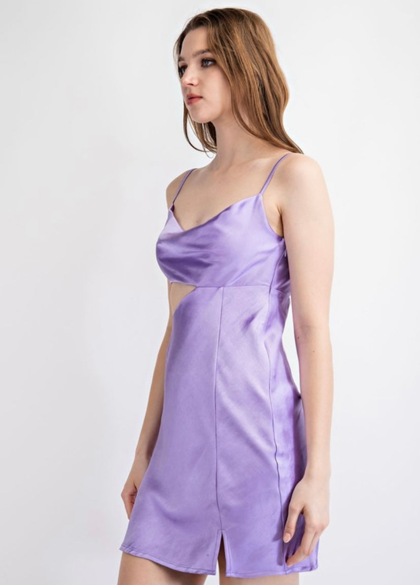 Satin Lilac Asymmetric Cutout Slit Dress