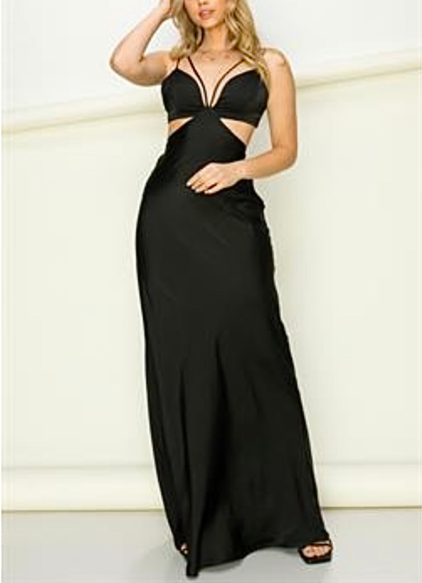 Black Cutout Satin Long Dress