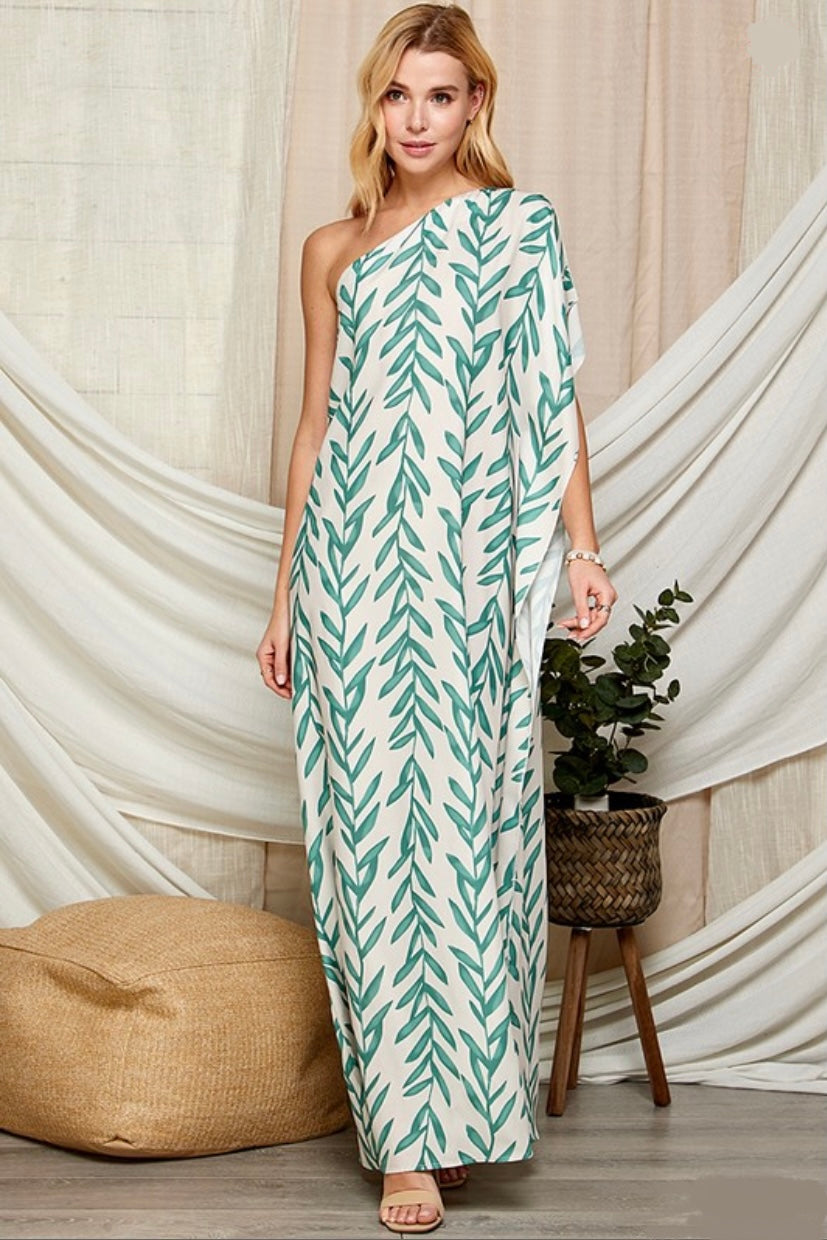 One Shoulder Long Leaf Print Dress