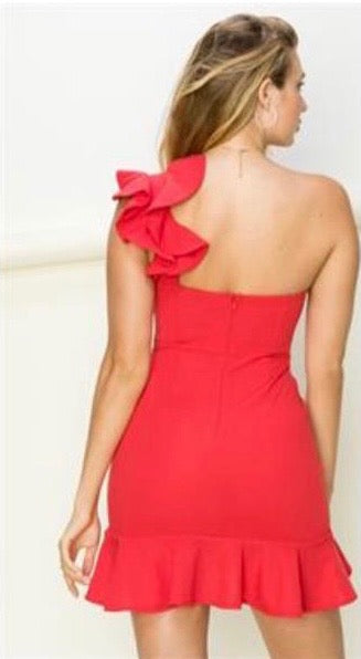 Red Ruffled One Shoulder Short Dress