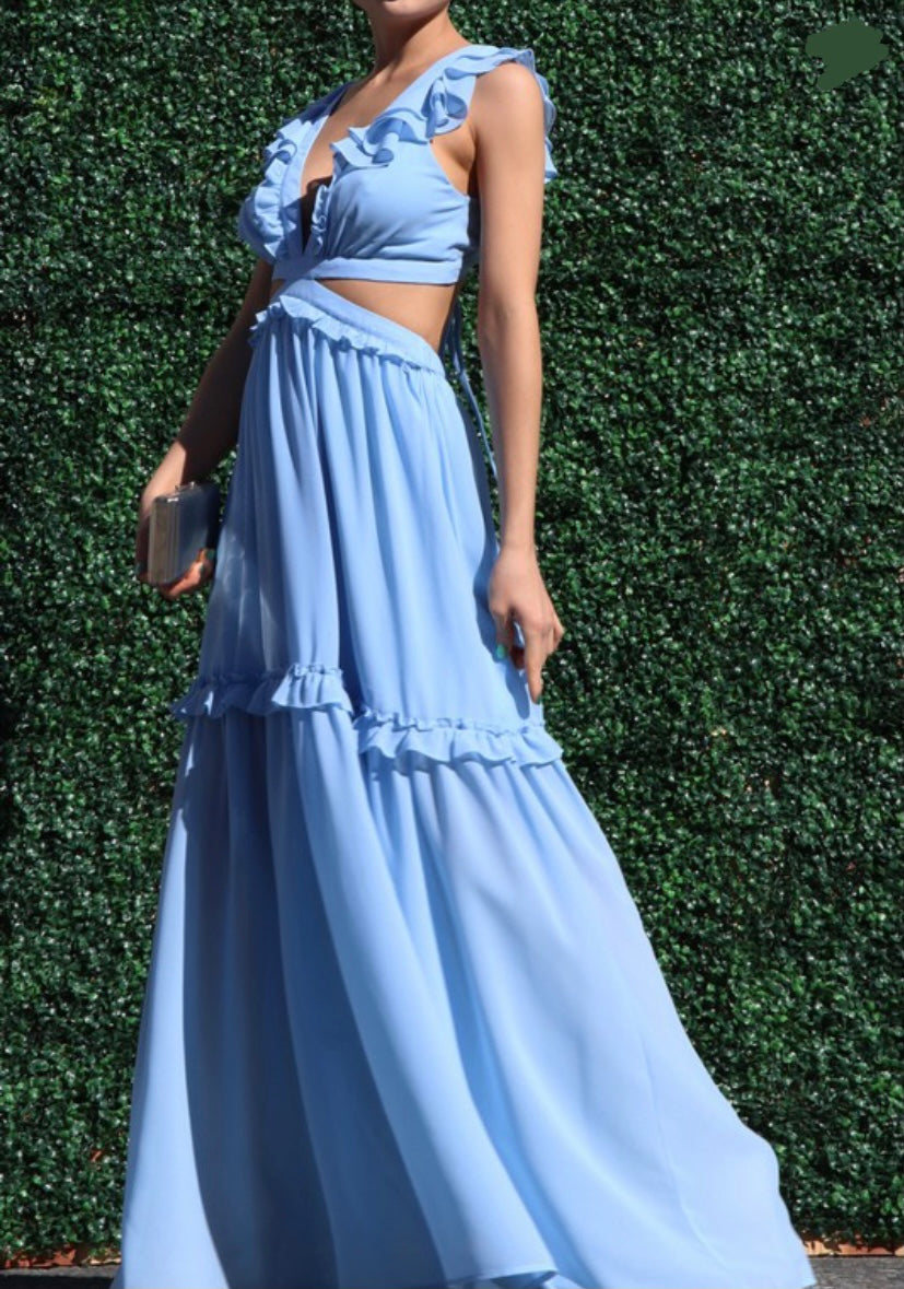 Blue Crossed Back Ruffles Long Dress