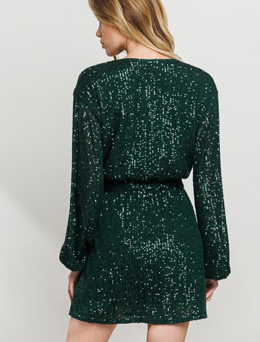 Emerald Long Sleeve Sequined Short Dress