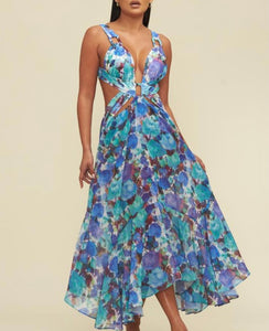 Purple and Teal Cutout Flowy Dress