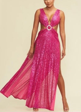 Fuchsia Sequins Cutout Long Dress