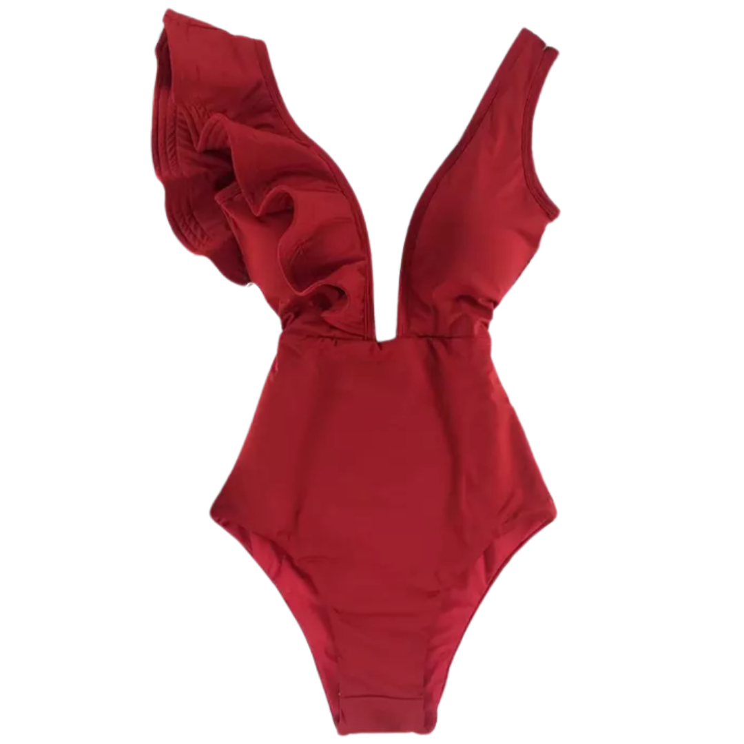 Red Asymmetric Ruffle One Piece Swimsuit