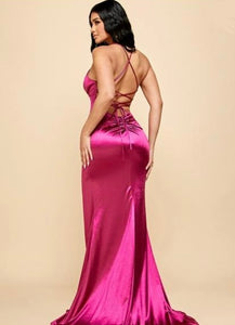 Magenta Satin V Long Dress