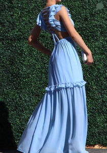 Blue Crossed Back Ruffles Long Dress