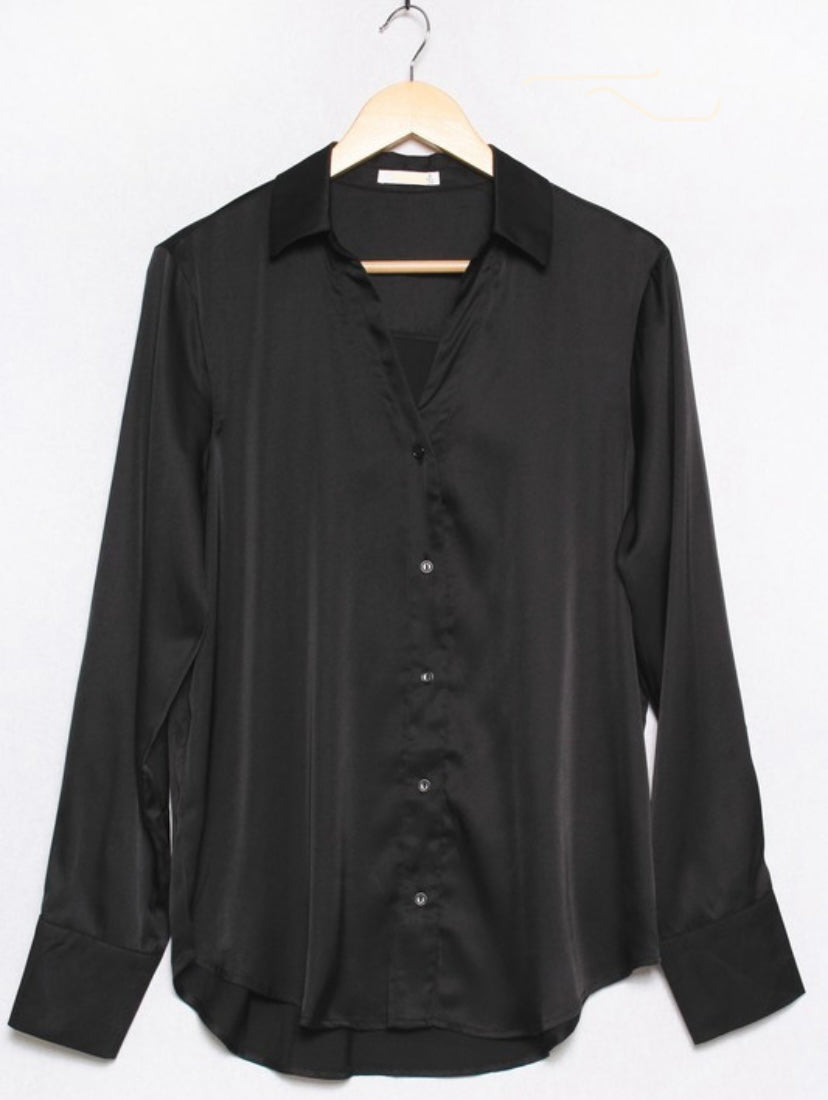 Black Long Sleeve Satin Button Down Blouse