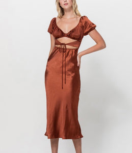 Satin Brown Puff Sleeve Cutout Dress