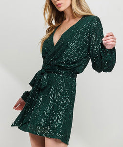 Emerald Long Sleeve Sequined Short Dress