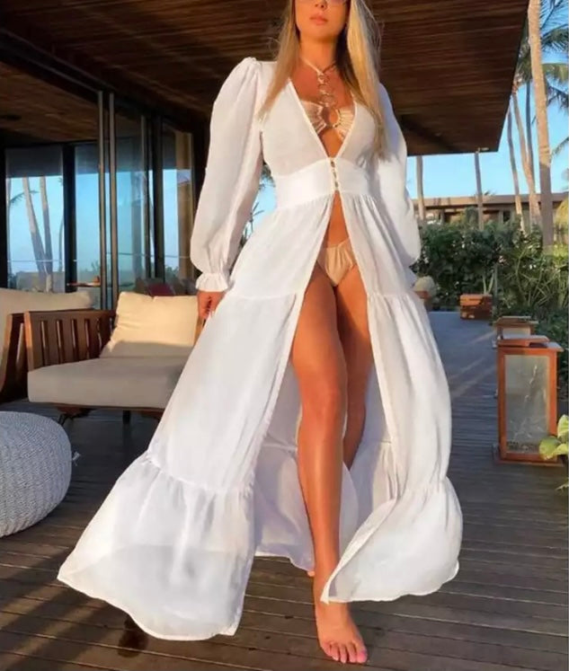 White Long Sleeve Sheer Coverup