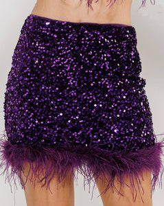 Purple Feather Sequined Mini Skirt