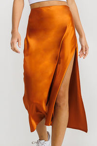 Terracotta High Slit Satin Midi Skirt