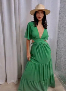 Green Cutout Short Sleeve Maxi Dress