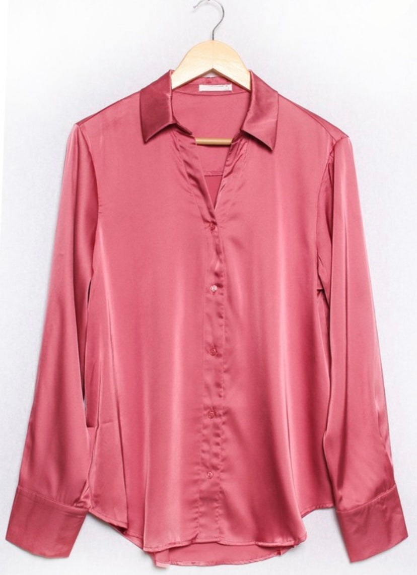 Pink Long Sleeve Satin Button Down Blouse