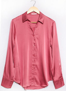 Pink Long Sleeve Satin Button Down Blouse