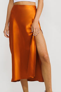 Terracotta High Slit Satin Midi Skirt