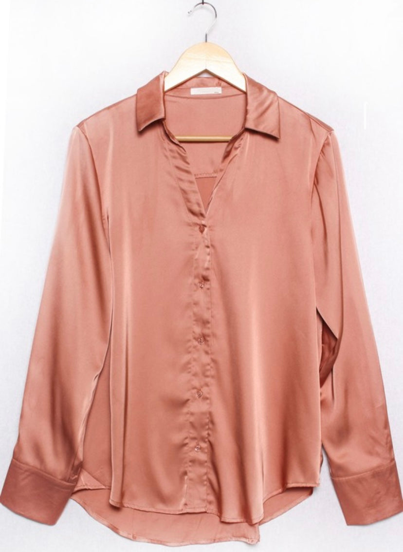 Pinkish Brown Long Sleeve Satin Button Down Blouse